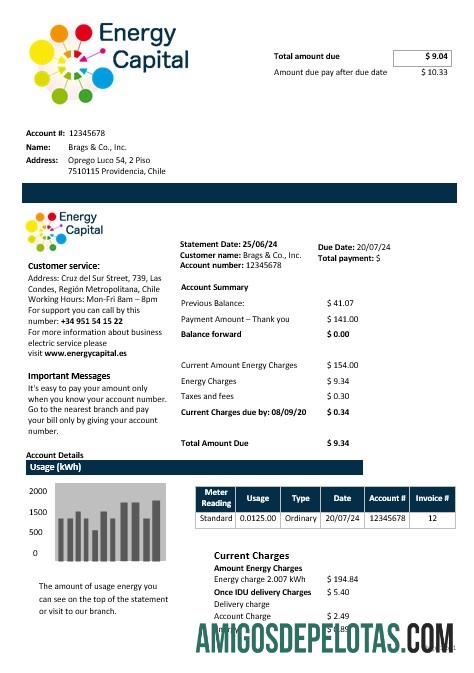 Em branco modelo de conta de serviços públicos de capital de energia do Chile em formatos Word e PDF